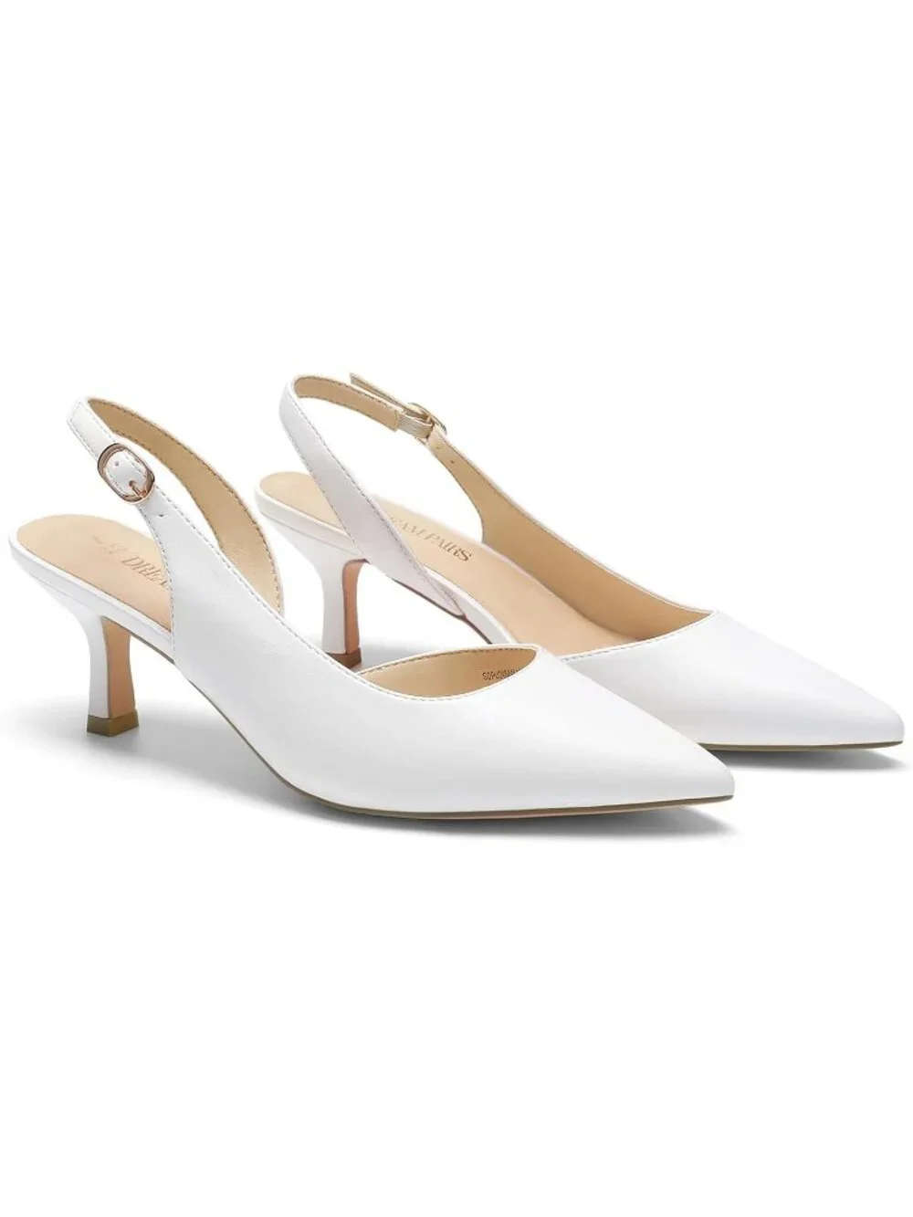 Womens White Faux Leather Kitten Slingback Low Heels Casual Dress Shoes Pumps